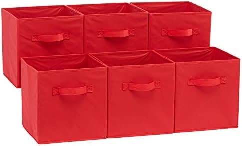 Amazon Basics Collapsible Fabric Storage Bins with Handles, Cube Organizer, Home Organization, 10.5"x10.5"x11", Red, 6-Pack by AmazonBasics
