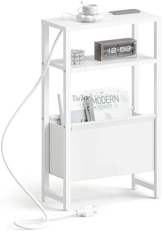 Narrow Side Table with Charging Station Slim End Table Sofa with Magazine Rack, Bedside Table for Small Spaces, 3 Tier Nightstand for Living Room Couch, Bedroom White LET503WE by IRCPEN