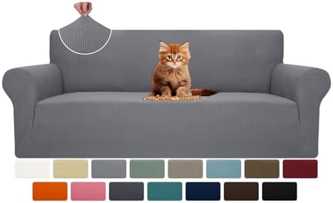 MAXIJIN Super Stretch Couch Cover for 3 Cushion Couch, 1-Piece Universal Sofa Covers Living Room Jacquard Spandex Furniture Protector Dogs Pet Friendly Fitted (Large, Light Gray) by MAXIJIN