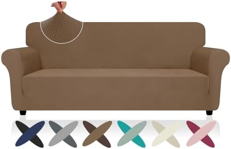 ZNSAYOTX Super Stretch Sofa Cover (72"-92"), New Striped Sofa Covers Fitted Slipcovers with Elastic Bottom, Dog Cat Pets Proof Spandex Washable Fabric Comfortable & Durable (Light Coffee, Sofa) by ZNSAYOTX