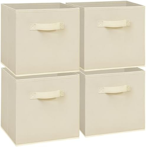 11 Inch Fabric Storage Cubes, Sturdy Foldable Storage Bins, Heavy Duty Cube Organizer for Clothes, Blankets, Shelves, Closets, Bedroom, Living Room, Beige, 4 Pack by Unknown
