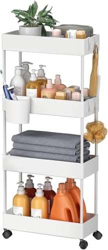 Pipishell 4 Tier Slim Storage Cart with Wheels, Laundry Cart, White by Pipishell