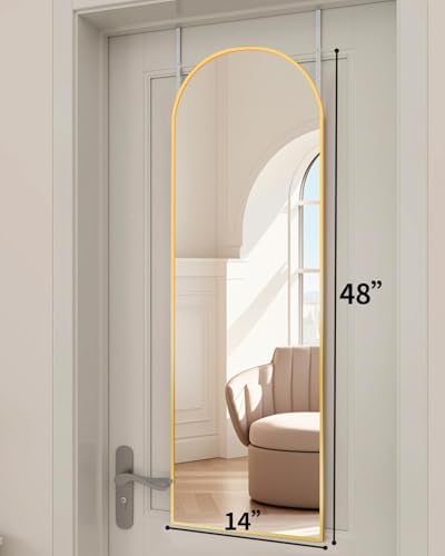 Arched Full Length Mirror, 48"x14" Gold, Tempered Shatterproof Glass & Aluminum Frame, Over Door or Wall Mounted, No Drill Installation for Bedroom, Bathroom, Closet, Entryway, Living Room Decor - Image 2