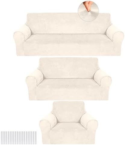 Peryiter 3 Pcs Couch and Loveseat Sofa Covers,Beige,Velvet by Peryiter