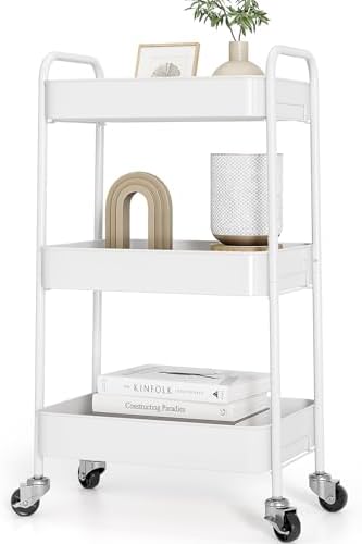 TOOLF 3 Tier Metal Rolling Cart, Utility Storage Cart with Wheels, White | Screwless Assembly, Lockable Metal Wheels, Trolley Organizer for Bathroom, Kitchen, Office, Dorm, Laundry, Craft Room by TOOLF