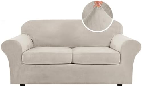 H.VERSAILTEX Real Velvet Plush 3 Piece Stretch Sofa Covers Couch Covers for 2 Cushion Couch Sofa Slipcovers Width Up to 90 Inch Feature Thick Soft Stay in Place (Sofa, French Oak) by HVERSAILTEX