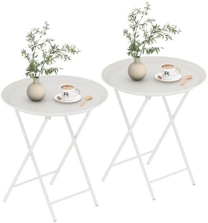 Garden 4 you Folding TV Tray Table, Metal Round Side Table, White Dinner Table with Metal Frame, Modern Outdoor Tray Table for Living Room, Bedroom, Patio & Small Spaces, 2 Packs by Garden4you