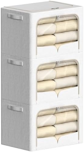 FHSQX 3 Pack Clothes Storage Bins - Foldable Metal Frame Storage Box - Stackable Linen Fabric Container Organizer Set with Carrying Handles and Clear Window (Cream White, 19.7x15.7x13inch(66L)) by FHSQX