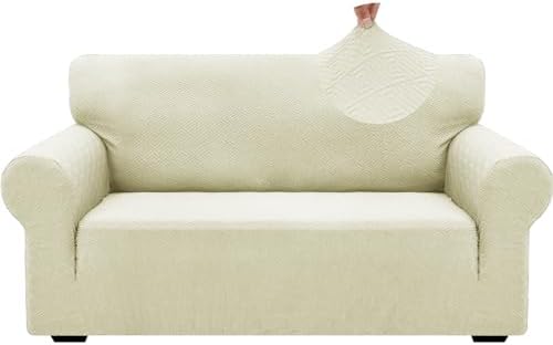 ZNSAYOTX 1 Piece Jacquard Couch Covers for 2 Cushion Couch High Stretch Loveseat Slipcover for Pets Dogs Anti Slip Love Seat Sofa Slipcover Furniture Protector (Medium,New Pattern Light Beige) by ZNSAYOTX