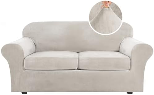 H.VERSAILTEX Real Velvet Plush 3 Piece Stretch Sofa Covers Couch Covers for 2 Cushion Couch Sofa Slipcovers Width Up to 90 Inch Thick Soft Stay in Place (Large Sofa, Oatmeal) by HVERSAILTEX