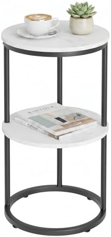 Round End Side Table,C Shaped Table for Couch,2 Tier Small Sofa Table with Metal Frame for Bedroom,Living Room,Bedside,Black(11.8" D x 11.8" W x 22.9" H) by Katrawu