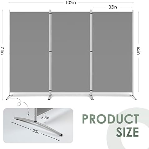 RANTILA 3 Panel Room Divider, 6 Ft Tall Folding Privacy Screen Freestanding Room Partition Wall Dividers, 102''W x 20''D x 71''H, Grey - Image 2
