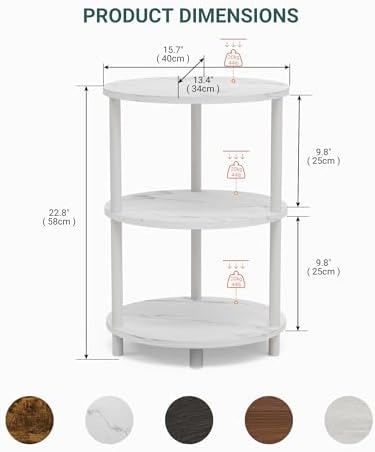 Round Pedestal End Table - 3-Tier Oval Accent Table for Small Spaces, Rustic Wood and Metal Couch Side Table, Nightstand for Bedroom or End Table Living Room, Easy to Assemble, Marble White - Image 2