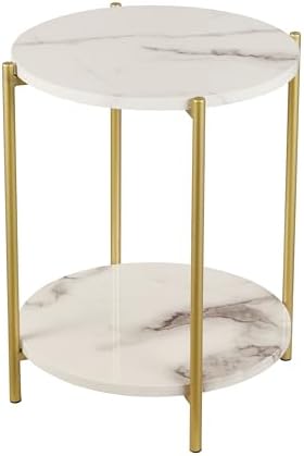 Gawicpy 2 Tier Round Side Table, Folding End Tables Coffee Table Simplistic Sofa Table Waterproof Removable Tray Table Indoor Outdoor Accent Table for Living Room Bedroom (Faux Marble White, 1pcs) by Gawicpy