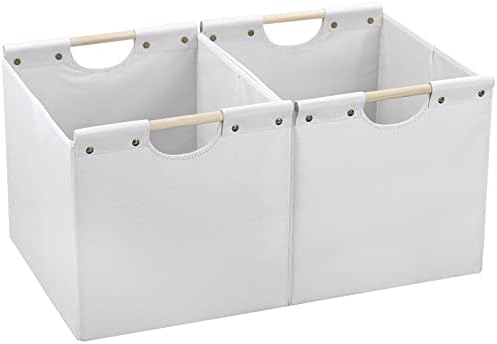 HOONEX Large Collapsible Storage Bins, Linen Fabric, Pack of 2, Storage Baskets with Wooden Carry Handles and Sturdy Heavy Cardboard, for Home, Office, Car, Nursery, White by HOONEX