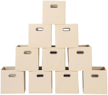 Fabric storage bins Cubes, Fabric Cube Organizer with Handle, Foldable Cube Bins for Cloth or Accessary Storage, 11x11x11, Set of 10, (Creamy White) by Yunkeeper