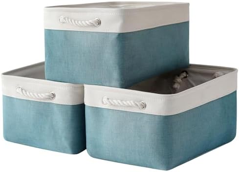 TheWarmHome Storage Bins - Large 3 Pack 15.7x11.8x8.3 in Fabric Storage Baskets for Organizing Shelves | Large Basket Closet Organizer for Home Decor Shelf Baby Toy Laundry (White & Green) by TheWarmHome