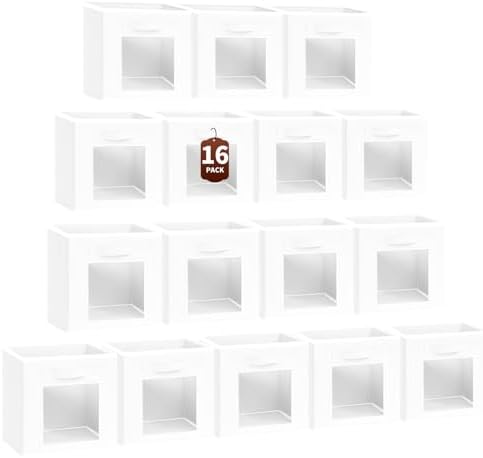 Homsorout Storage Cube 11 Inch - Cube Storage Bins with Window, Closet Storage Baskets with Handle, Fabric Bins for Closet, Shelves, Toys, Clothes, Set of 16, White by Homsorout