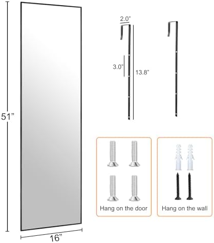 51x16 Inch Full Length Mirror Over the Door Hang or Wall Mounted Black - Image 4