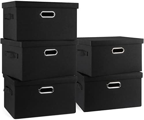 Graciadeco Medium 15" 21 Quart Collapsible Stackable Storage Bins with Lids, 5 Packs Black Foldable Fabric Closet Storage Boxes with Lids, Lidded Heavy-duty Linen Baskets(15x11x8) by GraciadecoStorage
