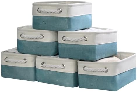 TheWarmHome Storage Bins for Shelves - Small 6 Pack 11.8x7.8x5.2 inch Sturdy Storage Basket W/Handles, Decorative Foldable Storage Baskets for Organizing Closet Nursery Toy(White & Green) by TheWarmHome