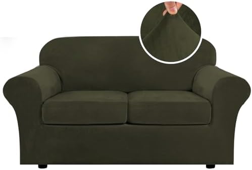 H.VERSAILTEX Real Velvet Plush 3 Piece Stretch Sofa Covers Couch Covers for 2 Cushion Couch Loveseat Covers Width Up to 72 Inch Feature Thick Soft Stay in Place (Medium Sofa, Olive) by HVERSAILTEX