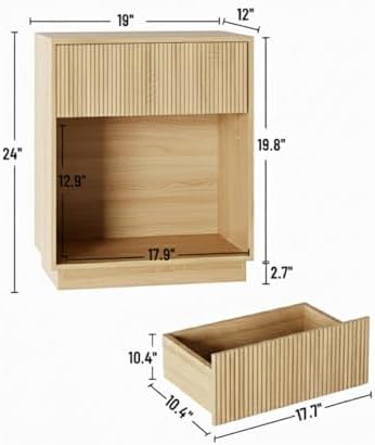 Fluted Nightstands Set of 2, Modern Bedside Table with Storage Drawer and Open Wood Shelf, Wood End Table Mid Century Night Stands for Bedroom Living Room Sofa Couch Office Oak - Image 2