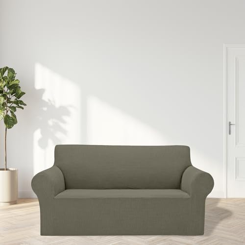Cupuamon 2026 New Stretch Loveseat Sofa Slipcovers Couch Cover for 2 Cushion Furniture Protector Sofa Covers with Elastic Bottom Jacquard Fabric Small Checks for Pets, Kids - Khaki - Image 3