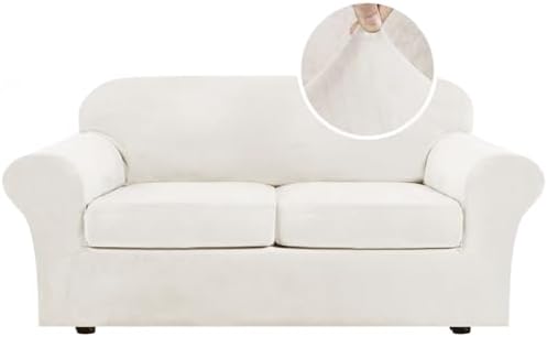 H.VERSAILTEX Real Velvet Plush 3 Piece Stretch Sofa Covers Couch Covers for 2 Cushion Couch Sofa Slipcovers Width Up to 90 Inch Feature Thick Soft Stay in Place (Sofa, Porcelain White) by HVERSAILTEX