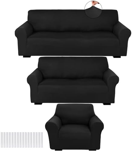 Peryiter 3 Pcs Couch and Loveseat Sofa Covers,Black,Milk Silk by Peryiter
