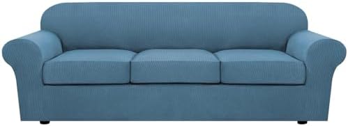 H.VERSAILTEX 4 Piece Stretch Sofa Covers for 3 Cushion Couch Covers for Living Room Furniture Slipcovers (Base Cover Plus 3 Seat Cushion Covers) Thicker Jacquard Fabric (Large Sofa, Dusty Blue) by HVERSAILTEX