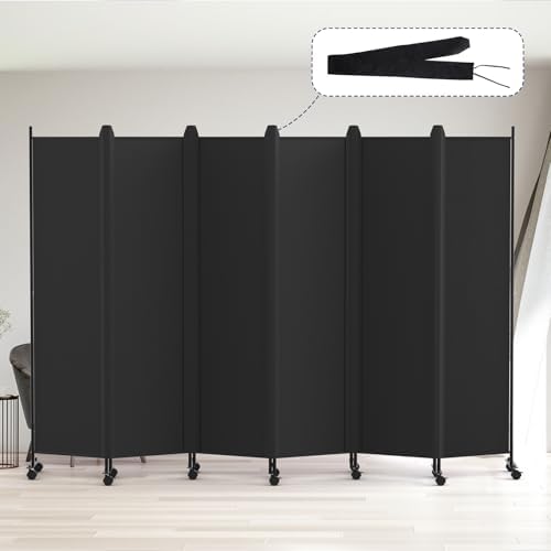 Kokorona 6 Panel Room Divider, 6FT Tall Rolling Privacy Screen with Lockable Wheels, Folding Wall Dividers Portable Room Divider for Room Separation, Included - Cover Strips, Black, 119''W x 70''H by Kokorona