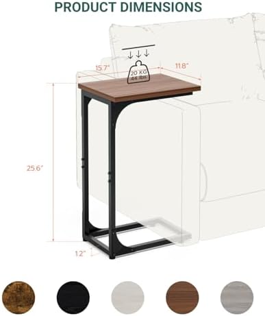 C-Shaped Side Table for Couch - Small Coffee Stand Sofa Tray Desk with Metal Frame and Waterproof Scratch Resistant, Modern End Accent for Living Room, Bedroom, Set of 2, Rustic Walnut - Image 2