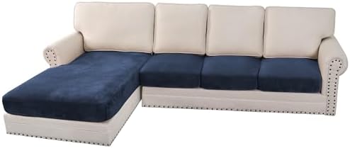 H.VERSAILTEX Velvet Stretch Sectional Couch Covers 4 Pieces Sofa Seat Cushion Covers L Shape Separate Cushion Couch Chaise Cover for Both Left/Right Couch (Large Sofa 3 Seater + 1 Chaise, Navy) by HVERSAILTEX