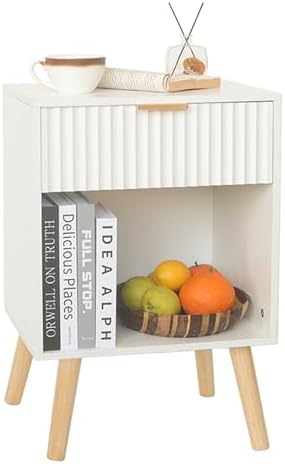 Fultyle White Fluted Nightstand, Modern Bedside Table with Drawer and Shelf by Fultyle