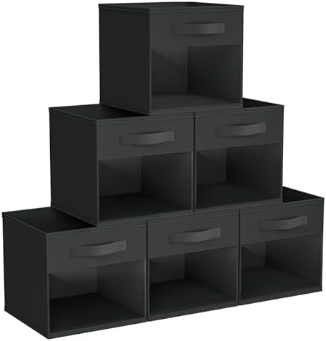 DIMJ Cube Bins, 6 Packs Fabric Storage Cubes with Clear Window, Storage Bins with Handles, Storage Baskets for Organizing Living Room, Bedroom, Office, Black by DiMJ