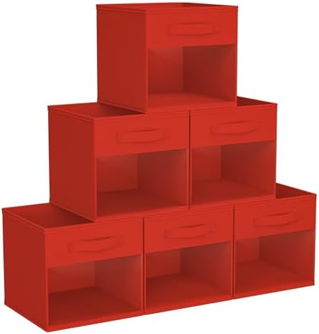 DIMJ Storage Cubes, Cube Storage Bin, 6 Pack Foldable Baskets with Window, Closet Storage Bins with Handle, 11x 11 inch Storage Cubes for Clothes, Toys, Books (Red) by DiMJ