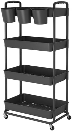 JIUYOTREE 4-Tier Plastic Rolling Storage Cart Utility Cart with Extra Hanging Cups Handles Lockable Wheels for Living Room Bathroom Kitchen Office Black by JIUYOTREE