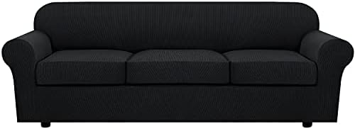 H.VERSAILTEX 4 Piece Stretch Sofa Covers for 3 Cushion Couch Covers for Living Room Furniture Slipcovers (Base Cover Plus 3 Seat Cushion Covers) Upgraded Thicker Jacquard Fabric (XL Sofa, Black) by HVERSAILTEX