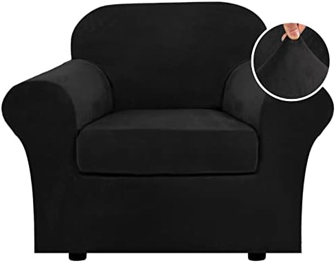 H.VERSAILTEX Rich Velvet Stretch 2 Piece Cover Chair Slipcover Sofa Cover Furniture Protector Couch Soft with Elastic Bottom Chair Couch Cover with Arms Width Up to 49 Inch(Chair, Black) by HVERSAILTEX