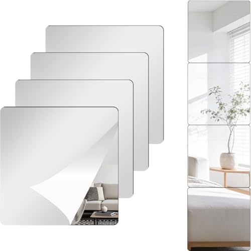BOYIVI 4Pcs Acrylic Mirror Tiles, 8 Inch Self-Adhesive Shatterproof Panels for Wall Decor, Wall Mounted Mirror Glass Frameless Mirror Sheets for Home Bedroom Bathroom Door(Medium) by BOYIVI
