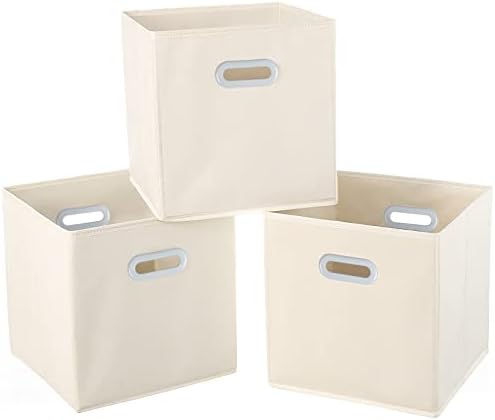 Fabric Cloth Storage Bins,Fabric Cube Organizer with Dual Handles Foldable Cube Storage Baskets for Home Bedroom Storage,Set of 3, Creamy-White by SEVENDOME