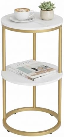 C Shaped end Table,2 Tier Wood Round Side Table for Couch,Small Sofa Table with Metal Frame for Bedroom,Living Room,Bedside,Gold(11.8" D x 11.8" W x 22.9" H) by Katrawu