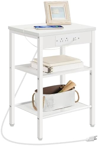 HOOBRO Side Table with Charging Station and USB Port, Small End Table for Small Space, 3-Tier Nightstand with Adjustable Shelf, for Living Room, Bedroom, White WW112BZ01 by HOOBRO