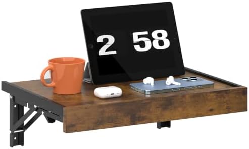 TEAMIX Wall Mounted Bedside Shelf, Wood Floating Nightstand, Folding Bedside Table for Small Space Bedroom, Living Room Organizer Storage Phone,Glasses, Books (Brown, Basic) by TEAMIX