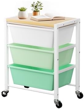 Rolling Cart with 3 Drawers, Plastic Drawer Storage Carts with Lockable Wheels & Wooden Tabletop, Metal Utility Cart Organizer, Office Bedroom Classroom Craft Organization and Storage, Bright Green by TimeForest
