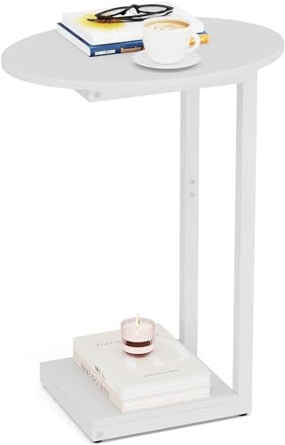 Hosfais Small Side Table End Table, C Shaped Oval Coffee Table, Wooden TV Tray for Living Room, Bedroom, Couch, Small Spaces (White) by HosfaisHome