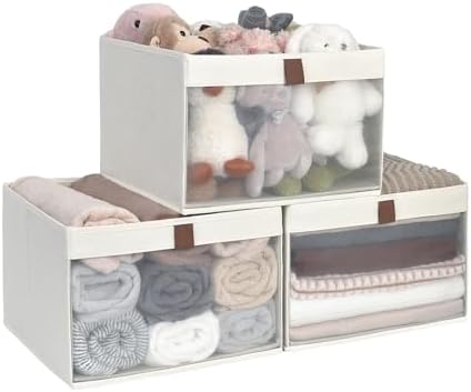 StorageWorks Closet Storage Bins with Clear Window, Beige, 3-Pack by StorageWorks