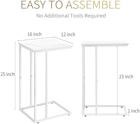 Possile C Shaped End Table Set of 2 for Sofa and Bed, Slide Under Couch Tables, Side Table With Faux Marble Top, Small Under Table Tray for Living Room, Bedroom, White - Image 3