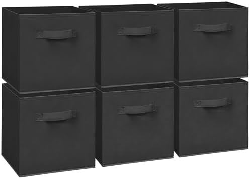 11 Inch Fabric Storage Cubes, Sturdy Foldable Storage Bins, Heavy Duty Cube Organizer for Clothes, Blankets, Shelves, Closets, Bedroom, Living Room, Black, 6 Pack by Unknown